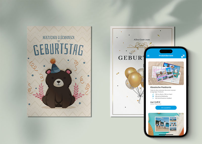 Bild von Karten mit Geburtstagsmotiven und der Urlaubsgruss App mit der sich kinderleicht Geburtstagskarten gestalten und verschicken lassen. 