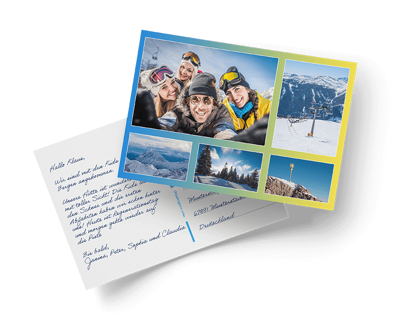 Beispiel einer mit der Urlaubsgruss Postkarren App selbst gestalteten Postkarte aus dem Winterurlaub