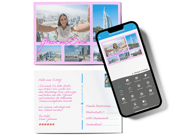 Ein Smartphone liegt auf selbst gestalteten Postkarten