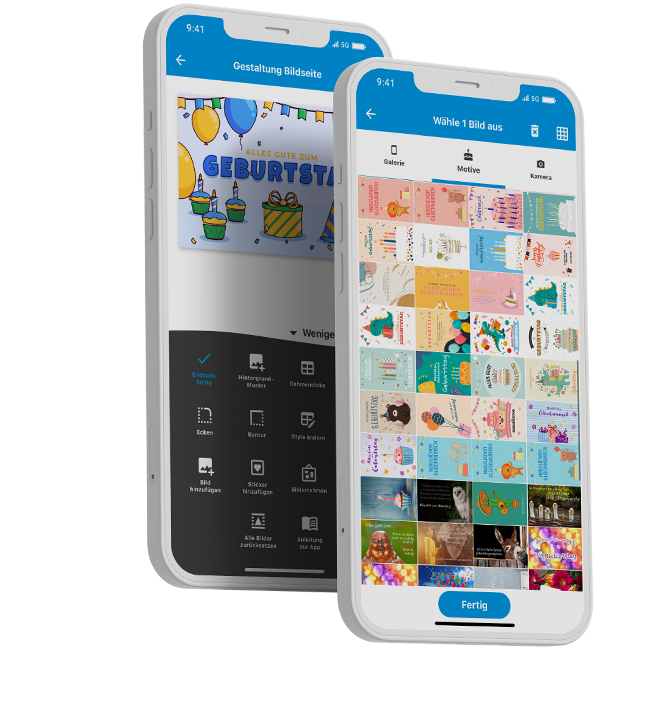 Ansicht von zwei iPhones un der geöffneten Urlaubsgruss App die den Gestaltungsbereich für Geburtstagskarten zeigt.